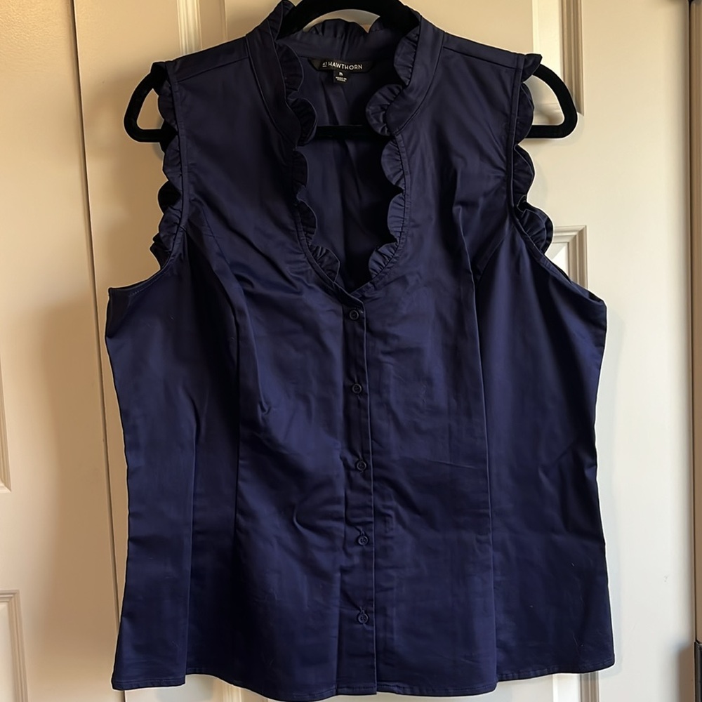 41 Hawthorne Camilla Scalloped Detail Blouse, Navy - Picture 2 of 7